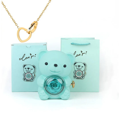 Eternal Rose Bear Gift Box - Engraved Necklace & Real Rose