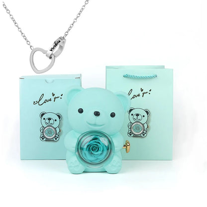 Eternal Rose Bear Gift Box - Engraved Necklace & Real Rose