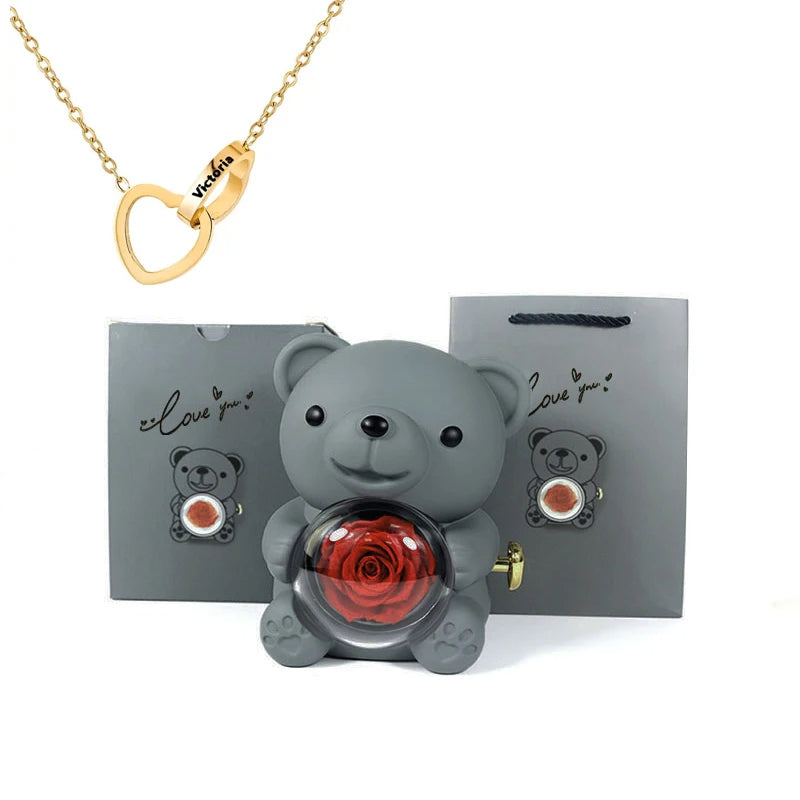 Eternal Rose Bear Gift Box - Engraved Necklace & Real Rose