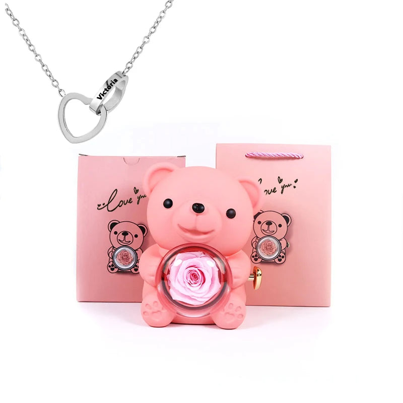 Eternal Rose Bear Gift Box - Engraved Necklace & Real Rose