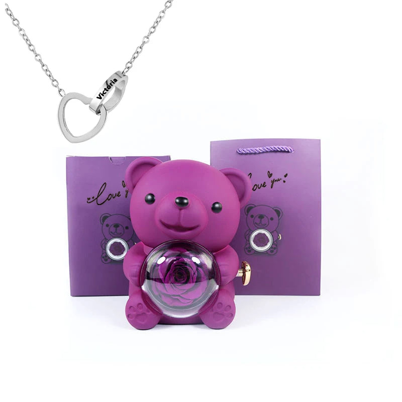 Eternal Rose Bear Gift Box - Engraved Necklace & Real Rose