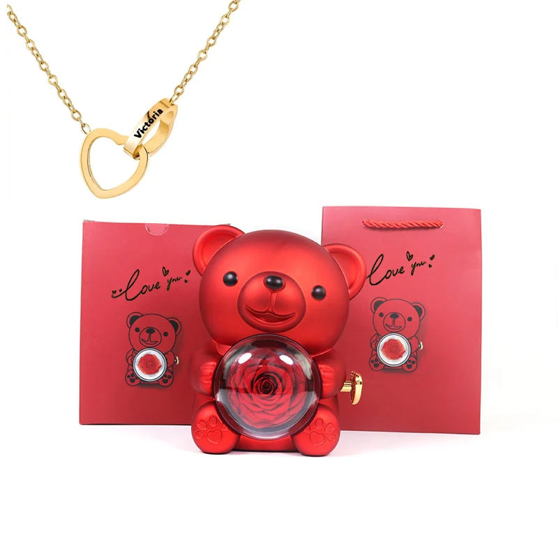 Eternal Rose Bear Gift Box - Engraved Necklace & Real Rose