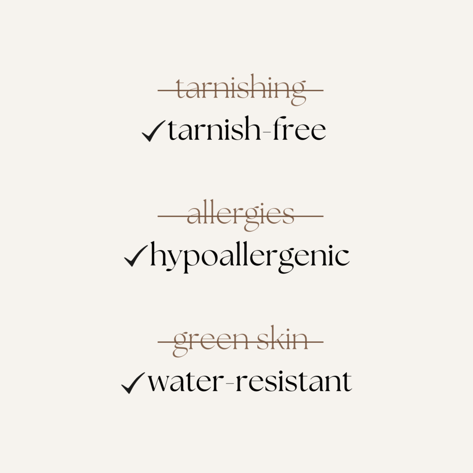 Infographic highlighting features: tarnish-free, hypoallergenic, and water-resistant jewelry benefits.